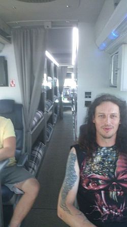 Golden Earring crew in tourbus Suikerrock Festival Tienen (Belgium) July 26, 2013